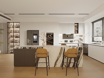 现代简约开放式厨房 现代原木风厨房 厨房电器组合 岛台厨房 冰箱柜  集成灶水槽