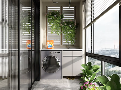 现代简约阳台 阳台 洗衣机柜 洗衣机