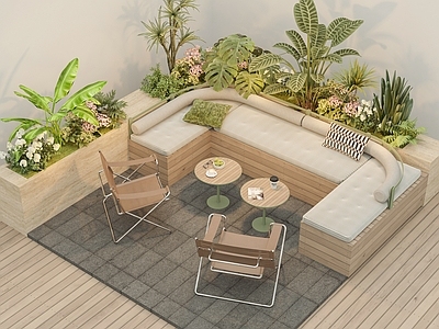 现代屋顶花园 现代屋顶花园 花池绿植组合 户外卡座桌椅组合