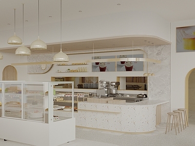 奶油风甜品面包店 现代甜品面包店 面包展示架 蛋糕展示柜 烘焙店货架 甜品展示架