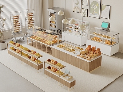 奶油风甜品面包店 面包展示架 现代甜品面包店 蛋糕展示柜 烘焙店货架 甜品展示架