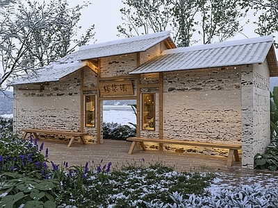 新中式公交站台 乡村公交站台 夯土景墙 土墙景观 夯土墙