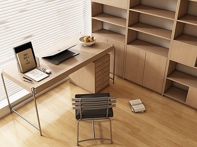 现代简约书桌椅 原木风书房  书桌椅  办公桌椅  摆件组合  书柜