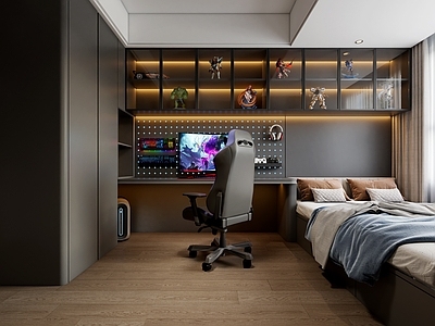 现代电竞风男孩房 意式电竞室 榻榻米卧室