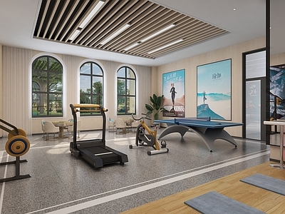 现代简约健身房 社区健身活动室 健身房瑜伽室 棋牌室台球瑜伽 跑步机杠铃 麻将机盆栽海报