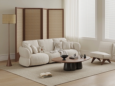 奶油风双人沙发 沙发茶几组合