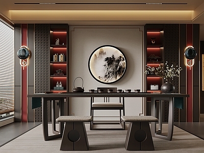新中式茶室 茶室 茶桌椅 背景墙