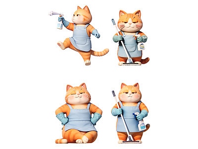 卡通3D风格虚拟人物 猫咪保洁师 卡通人物 现代雕塑摆件 劳动节主题小品