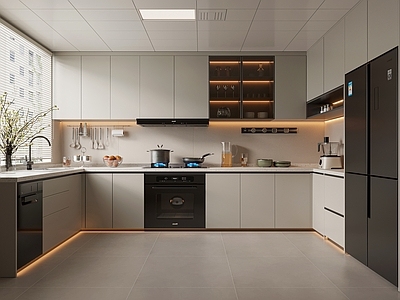 现代简约封闭式厨房 u型厨房 橱柜 厨房用品 厨具 厨房电器