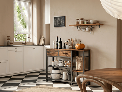 奶油风开放式厨房 餐边柜 厨房置物架 玄关置物架