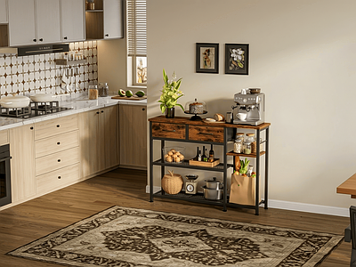 奶油风开放式厨房 餐边柜 厨房置物架