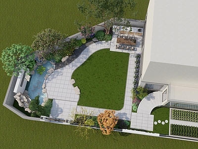 新中式别墅庭院 私家庭院 花园设计 水景墙 假山鱼池 庭院门