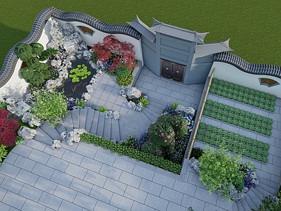 新中式景观别墅庭院 中式庭院 花园 私家庭院 花园景观设计 太湖石假山