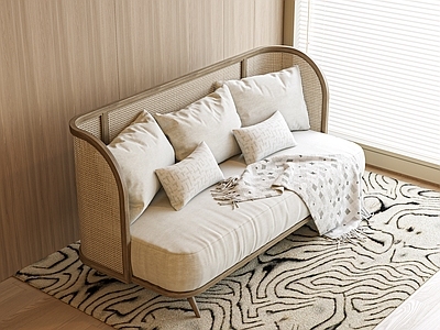 奶油风双人沙发 现代中古双人沙发 藤编沙发  中古风双人沙发