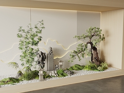 新中式室内景观 新中式室内景观 植物景观造景 景观小品 庭院小品 景观松树竹子