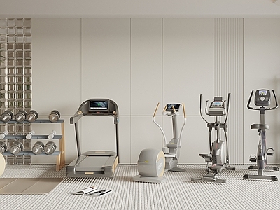 奶油风健身房 现代风健身器材 运动器材 跑步机 动力单车 瑜伽