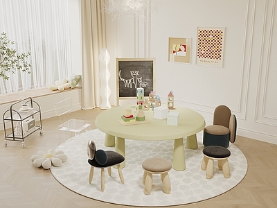 奶油风儿童娱乐室 儿童娱乐室 儿童休闲桌椅 游戏桌椅 儿童桌椅组合 积木桌椅