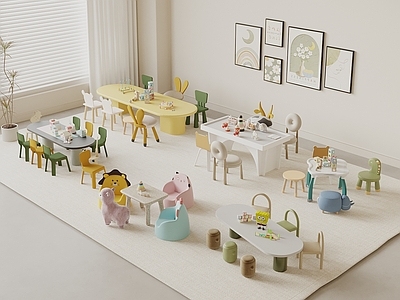 奶油风儿童娱乐室 儿童娱乐室 儿童休闲桌椅 游戏桌椅 儿童椅子 儿童桌椅组合