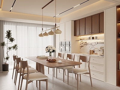 奶油风家居餐厅 中古风餐厅 餐桌椅 酒柜 餐边柜