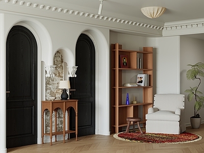 中古风书房 中古风单人沙发 法式风边柜   中古风书架  法式吸顶灯  中古风边几台灯