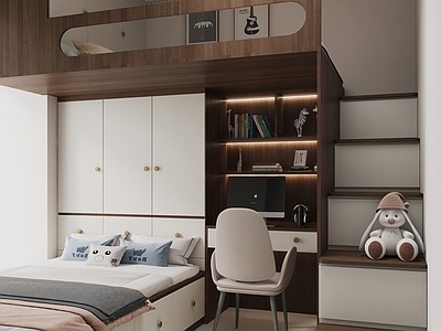 现代简约榻榻米卧室 中古风儿童房 复古儿童房 上下铺儿童床 男孩女孩房 原木上下铺