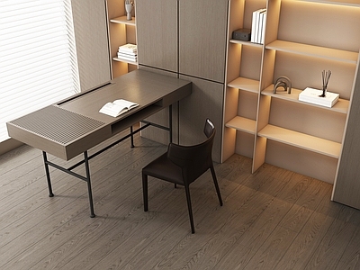 现代简约书房 现代书房  书桌椅   办公桌椅  摆件组合  书柜