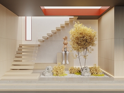 现代简约室内景观 楼梯间景观小品 楼梯 植物造景 植物堆 植物组合
