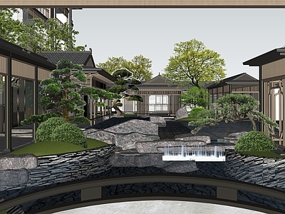 新中式别墅庭院 新中式宋风示范区 宋风别墅庭院景观 中式庭院水景