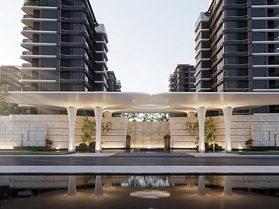 现代极简小区建筑 现代小区入口 示范区前场景观 酒店大门