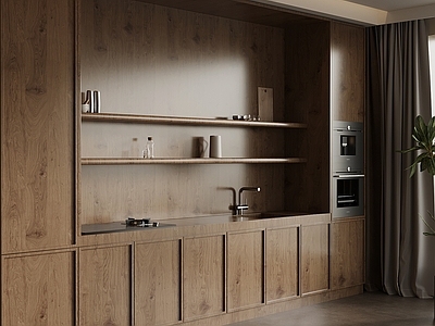 原木极简开放式厨房 餐边柜 橱柜