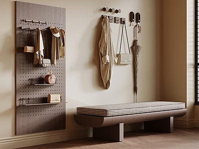 奶油风玄关 换鞋凳 挂钩 洞洞板