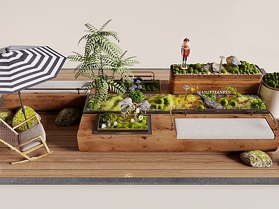 原木风植物组合 苔藓 苔藓造景 植物景观 长凳 景观小品