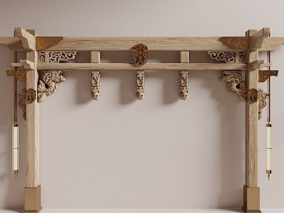 新中式梁柱节点 木梁 梁柱构件 粱托 雀替 雕花横梁