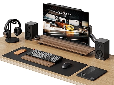 现代简约电脑 显示器支架 数码组合 机械键盘鼠标 头戴蓝牙耳机 台式电脑