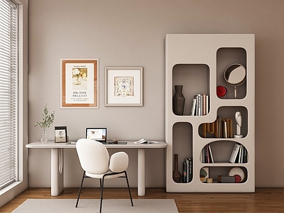 奶油风书房 现代书房 书桌椅   办公桌椅  摆件组合  书柜