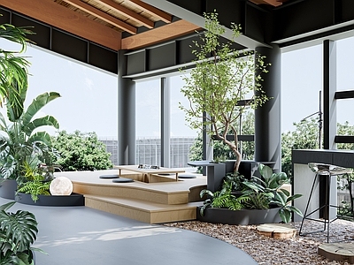 现代自然风休息区 工装榻榻米 现代办公室休闲区 工装办公室 植物盆栽 工装吧台椅