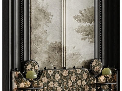 中古风双人床 背景墙