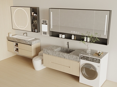 奶油风浴室柜 现代浴室柜 洗衣机柜
