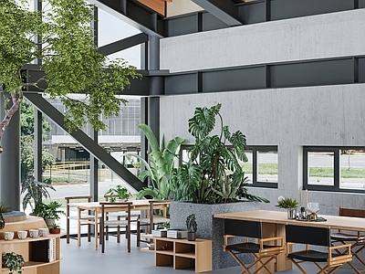 现代工业风混搭自然主义咖啡厅 原木风咖啡厅  工装文创店   绿植盆栽景观 岛台餐桌椅 室内绿植景观