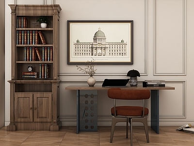 中古风书房 现代简约书房 简美书房 书柜 书桌 美式挂画