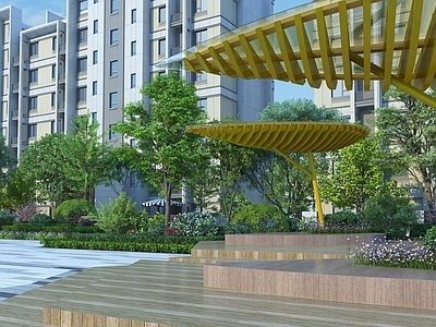 现代简约住宅景观 现代园林景观 住宅景观 公园休闲广场 植物组合大树灌木 乔木树篱花带桃树