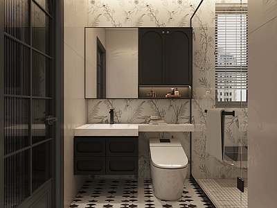 中古风卫生间 中古风卫生间 法式卫生间 连体洗手盆 马桶 法式门