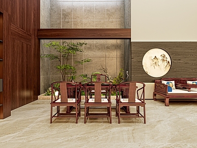 XX茶室 别墅挑空地下 茶室茶桌罗汉床 红木家具红木茶台 新中式茶台桌椅 绿植