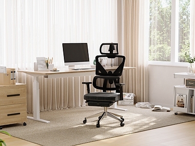 奶油风书房 书桌 书房 办公椅 书桌摆件