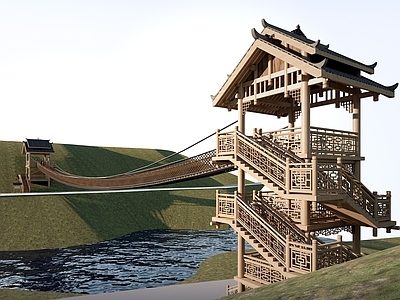 新中式大桥 现代景观吊桥  木栈桥