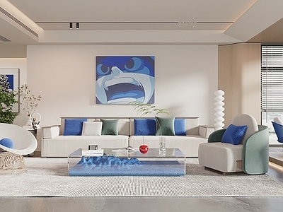 现代简约家居客厅 包豪斯客厅 沙发茶几组合 无主灯客厅 休闲椅 绿植