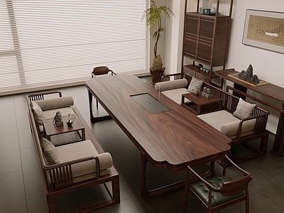 新中式茶室 大板桌茶桌 实木大板桌 中式茶桌 新中式茶室 中式茶桌场景