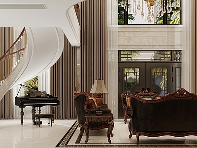 欧式古典别墅客厅 挑空客厅 茶室 楼梯间