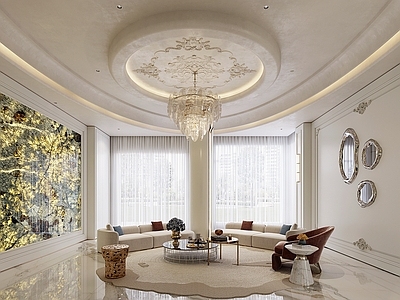 现代法式别墅客厅 法式奶油风客厅 法式水晶吊灯 法式沙发组合