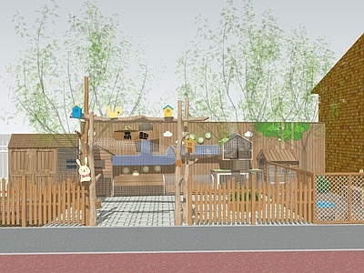 原木风教育校园景观 幼儿园种植养殖区 松鼠跑道 兔笼 兔子跑道 鸡窝